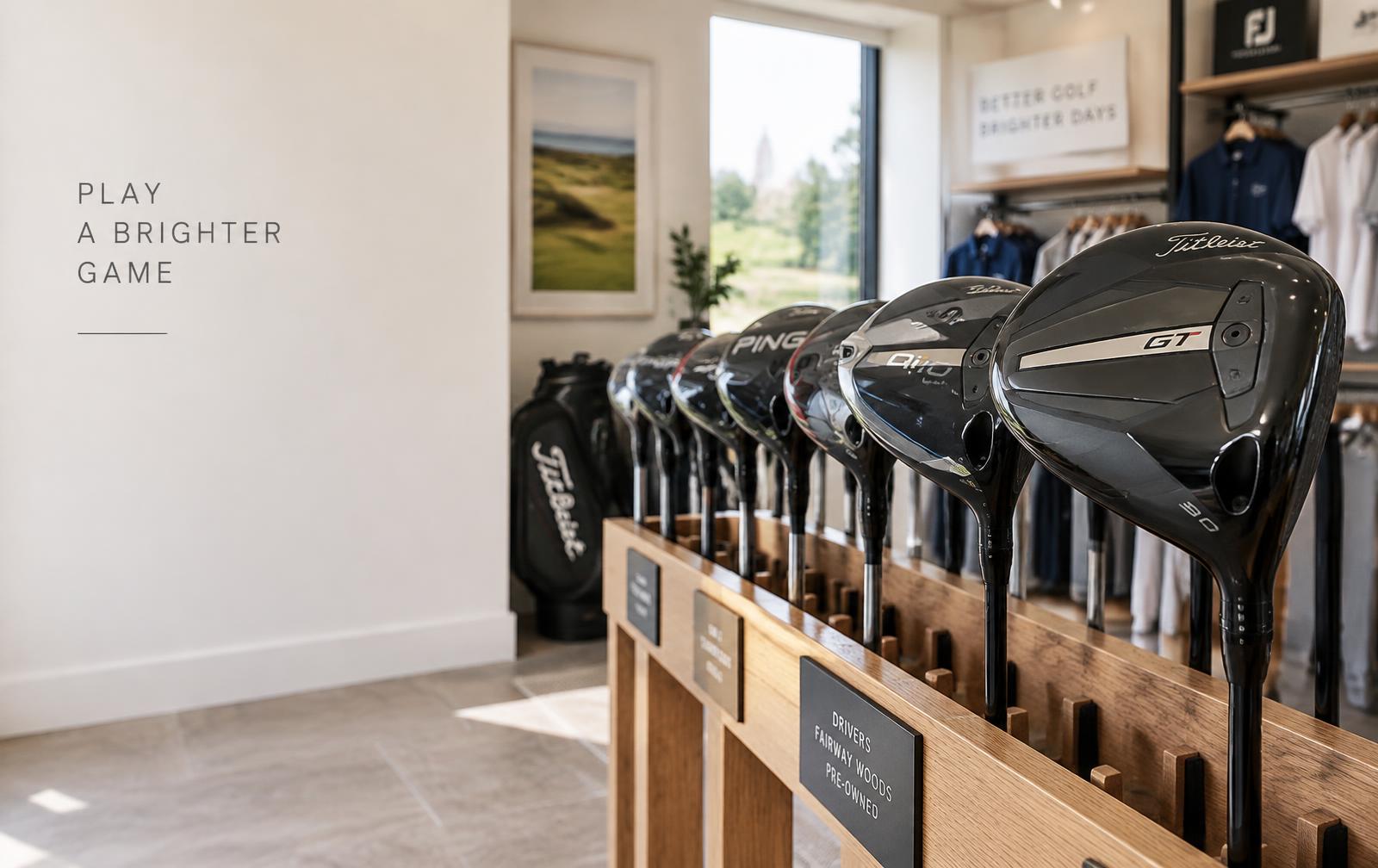 Pro shop rack of pre-owned drivers led by a Titleist GT